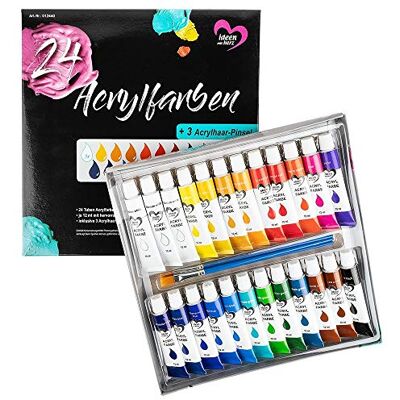 ideen mit herz Lot de 24 tubes de peinture acrylique de 12 ml 22 couleurs différentes 3 x blanc Qualité d'artiste Parfait pour les enfants et les artistes Avec 3 pinceaux en poils acrylique - Publicité ideen mit herz Lot de 24 tubes de peinture acrylique de 12 ml 22 couleurs différentes 3 x blanc Qualité d'artiste Parfait pour les enfants et les artistes Avec 3 pinceaux en poils acrylique - Publicité
