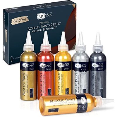 Artina Metallic Crylic Kit Peinture Acrylique 6x150 ml Couleurs Acryliques Métallisées Or, Argent, Bronze, Cuivre Peinture Scintillant Séchage Rapide et Forte Pigmentation pour Peindre sur Toile - Publicité Artina Metallic Crylic Kit Peinture Acrylique 6x150 ml Couleurs Acryliques Métallisées Or, Argent, Bronze, Cuivre Peinture Scintillant Séchage Rapide et Forte Pigmentation pour Peindre sur Toile - Publicité