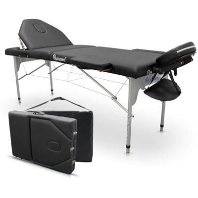 QUIRUMED Table de Massage Pliante en Aluminium Pro, 186 x 66 cm, avec Dossier Pliant, Couleur Noir, Simili Cuir, Trou pour Le Visage, Appui-tête Amovible, Hauteur réglable, 2 Sections, jusqu'à 150 kg - Publicité QUIRUMED Table de Massage Pliante en Aluminium Pro, 186 x 66 cm, avec Dossier Pliant, Couleur Noir, Simili Cuir, Trou pour Le Visage, Appui-tête Amovible, Hauteur réglable, 2 Sections, jusqu'à 150 kg - Publicité