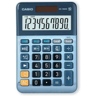 Casio MS-100EM kleiner Tischrechner, großes Display, 10-stellig, Alu-design 10-stelliges großes Display, Währungsumrechnung, Kosten/Verkauf/Marge, Aluminiumfront, Solar-/Batteriebetrieb. Publicité Casio MS-100EM kleiner Tischrechner, großes Display, 10-stellig, Alu-design 10-stelliges großes Display, Währungsumrechnung, Kosten/Verkauf/Marge, Aluminiumfront, Solar-/Batteriebetrieb. Publicité