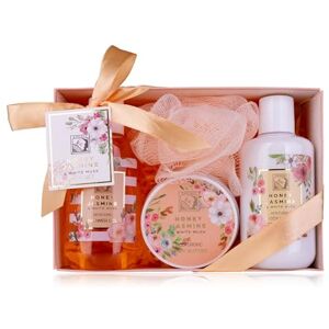 accentra Set cadeau de douche pour femmes HONEY JASMINE dans une belle boîte cadeau-Set de 4 pièces gel douche,lotion,beurre pour le corps cadeau pour la Saint-Valentin & la Fête des mère - Publicité accentra Set cadeau de douche pour femmes HONEY JASMINE dans une belle boîte cadeau-Set de 4 pièces gel douche,lotion,beurre pour le corps cadeau pour la Saint-Valentin & la Fête des mère - Publicité