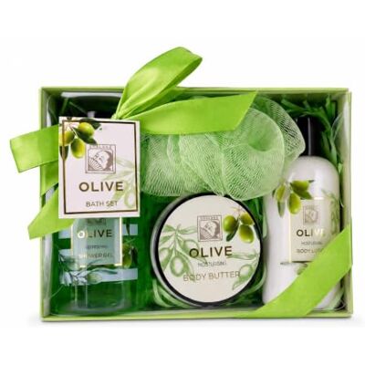 accentra Coffret cadeau bain OLIVE soins du corps boîte vert blanc doré Boîte décorative vert clair, détails blancs dorés, éponge filet incluse, format cadeau pour salle d’eau ou panier surprise - Publicité accentra Coffret cadeau bain OLIVE soins du corps boîte vert blanc doré Boîte décorative vert clair, détails blancs dorés, éponge filet incluse, format cadeau pour salle d’eau ou panier surprise - Publicité