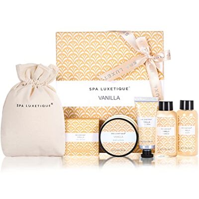 SPA LUXETIQUE Coffret Cadeau Femme, 6PC Vanille Coffret Beauté Femme Compris Gel Douche, Creme Main, Bain Moussant, Cadeau Anniversaire Femmes, Coffret Soin, Idee Cadeau Noel Femmes, Fête des Mères - Publicité SPA LUXETIQUE Coffret Cadeau Femme, 6PC Vanille Coffret Beauté Femme Compris Gel Douche, Creme Main, Bain Moussant, Cadeau Anniversaire Femmes, Coffret Soin, Idee Cadeau Noel Femmes, Fête des Mères - Publicité