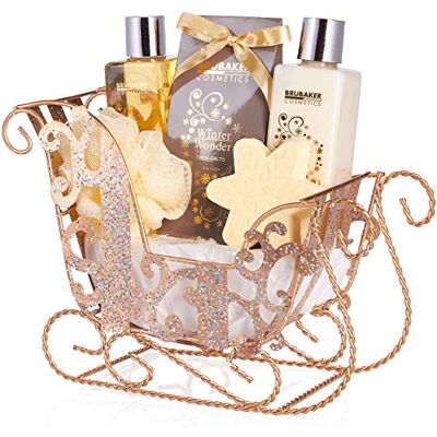 BRUBAKER Cosmetics Coffret de bain & de soins Winter Wonder/Vanille 6 Pièces Traîneau à paillettes Doré Idée cadeau Noël - Publicité BRUBAKER Cosmetics Coffret de bain & de soins Winter Wonder/Vanille 6 Pièces Traîneau à paillettes Doré Idée cadeau Noël - Publicité