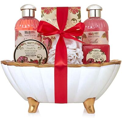 BRUBAKER Cosmetics Coffret de bain Pivoine/Vanille 7 Pièces Baignoire en Céramique Coquillage décoratif Blanc/Doré Idée cadeau - Publicité BRUBAKER Cosmetics Coffret de bain Pivoine/Vanille 7 Pièces Baignoire en Céramique Coquillage décoratif Blanc/Doré Idée cadeau - Publicité