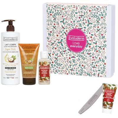 Evoluderm – Coffret Cadeau Corps Argan – 3 produits + Crème Mains OFFERTE Végan – Made in France Idée Cadeau Idéal cadeau de Noël, Anniversaire, Fête des Mères (Cocooning) - Publicité Evoluderm – Coffret Cadeau Corps Argan – 3 produits + Crème Mains OFFERTE Végan – Made in France Idée Cadeau Idéal cadeau de Noël, Anniversaire, Fête des Mères (Cocooning) - Publicité