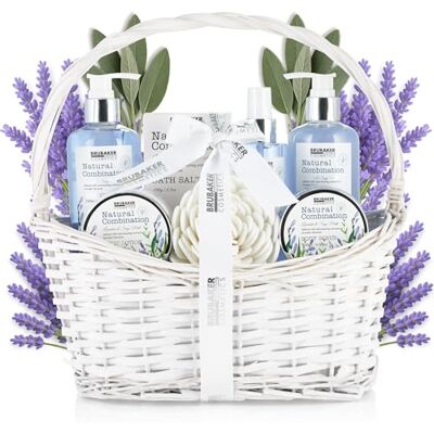 BRUBAKER Cosmetics Coffret de bain & douche Lavande/Sauge Menthe 8 Pièces Panier à anse décoratif Blanc Idée cadeau Femme - Publicité BRUBAKER Cosmetics Coffret de bain & douche Lavande/Sauge Menthe 8 Pièces Panier à anse décoratif Blanc Idée cadeau Femme - Publicité