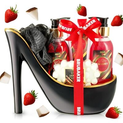 BRUBAKER Cosmetics Coffret de bain & beauté de luxe Fraise/Lait de coco 6 Pièces Escarpin décoratif Noir/Doré Idée cadeau Femme - Publicité BRUBAKER Cosmetics Coffret de bain & beauté de luxe Fraise/Lait de coco 6 Pièces Escarpin décoratif Noir/Doré Idée cadeau Femme - Publicité