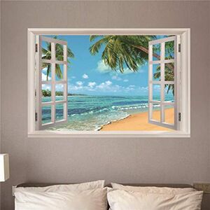 RDCHY 3D Autocollant Mural Fausse Fenêtre Ciel bleu, mer, cocotier Stickers Muraux en PVC Trompe l'oeil Fenêtre Mural Art Stickers pour Salon Chambre Décoration 60cm*90cm - Publicité