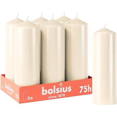 Bolsius Lot de 6 bougies piliers lisses Ivoire 20 x 7 cm Durée de combustion 75 heures Non parfumées Contient de la cire végétale naturelle - Publicité Bolsius Lot de 6 bougies piliers lisses Ivoire 20 x 7 cm Durée de combustion 75 heures Non parfumées Contient de la cire végétale naturelle - Publicité