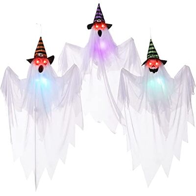 JOYIN Décorations de fantômes d'halloween, 75 cm, avec Chapeaux de sorcière (3 pièces), fantômes Lumineux Suspendus avec Yeux Rouges effrayants pour Halloween, Cour et pelouse. Publicité JOYIN Décorations de fantômes d'halloween, 75 cm, avec Chapeaux de sorcière (3 pièces), fantômes Lumineux Suspendus avec Yeux Rouges effrayants pour Halloween, Cour et pelouse. Publicité