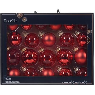 Decoris Kerst Lot de 21 boules de Noël en verre, 5 à 7 cm, mates, brillantes et transparentes, pour sapin de Noël, diamètre : 7 cm, rouge de Noël - Publicité Decoris Kerst Lot de 21 boules de Noël en verre, 5 à 7 cm, mates, brillantes et transparentes, pour sapin de Noël, diamètre : 7 cm, rouge de Noël - Publicité
