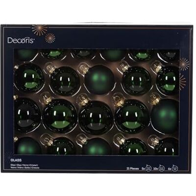Decoris Lot de 21 boules de Noël en verre, 5 à 7 cm, mates, brillantes et transparentes, pour sapin de Noël, diamètre 7 cm, vert pin - Publicité Decoris Lot de 21 boules de Noël en verre, 5 à 7 cm, mates, brillantes et transparentes, pour sapin de Noël, diamètre 7 cm, vert pin - Publicité