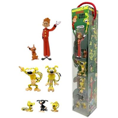 Plastoy Coffret tubo de 7 figurines la famille Marsupilami, Spirou et Spip Résine 2 à 5 cm - Publicité Plastoy Coffret tubo de 7 figurines la famille Marsupilami, Spirou et Spip Résine 2 à 5 cm - Publicité