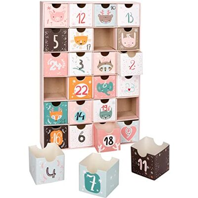 BRUBAKER Calendrier de l'Avent réutilisable 24 Tiroirs à remplir Calendrier de Noël en Carton Hauteur 32,5 cm Rose/Animaux mignons - Publicité BRUBAKER Calendrier de l'Avent réutilisable 24 Tiroirs à remplir Calendrier de Noël en Carton Hauteur 32,5 cm Rose/Animaux mignons - Publicité