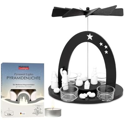 BRUBAKER Pyramide de Noël Noire avec Lot de 12 Bougies Chauffantes Carrousel Rotatif à Un Niveau avec Marie, Joseph et Jésus et 4 Bougeoirs en Verre 22 cm Peinte à la Main - Publicité BRUBAKER Pyramide de Noël Noire avec Lot de 12 Bougies Chauffantes Carrousel Rotatif à Un Niveau avec Marie, Joseph et Jésus et 4 Bougeoirs en Verre 22 cm Peinte à la Main - Publicité