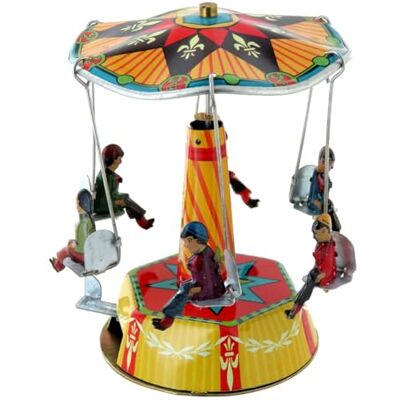 Lutèce Créations Jouet mécanique en métal Carrousel ou manège de sièges ou chaises volantes en métal (tôle, étain ou fer-blanc) chromolithographié (réf: 1238) Objet vintage de collection réservé aux adultes - Publicité Lutèce Créations Jouet mécanique en métal Carrousel ou manège de sièges ou chaises volantes en métal (tôle, étain ou fer-blanc) chromolithographié (réf: 1238) Objet vintage de collection réservé aux adultes - Publicité