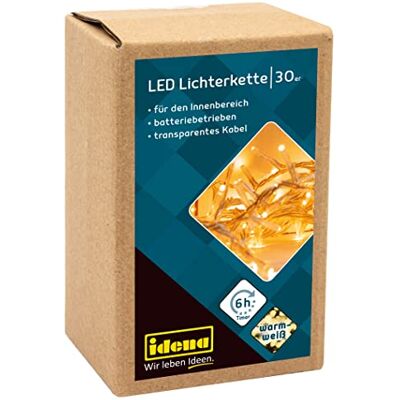 Idena 8582074 Guirlande lumineuse avec 30 LEDs en blanc chaud, avec minuterie de 6 heures, fonctionnant sur piles, pour une utilisation intérieure, comme décoration pour les fêtes, Noël, mariages - Publicité Idena 8582074 Guirlande lumineuse avec 30 LEDs en blanc chaud, avec minuterie de 6 heures, fonctionnant sur piles, pour une utilisation intérieure, comme décoration pour les fêtes, Noël, mariages - Publicité