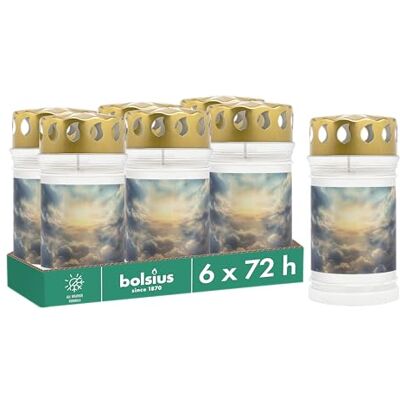 Bolsius Lot de 6 bougies funéraires Avec motif Ciel Longueur de combustion : 3 jours Bougie funéraire et mémorial Combustion propre Sans huile de palme, Blanc. Publicité Bolsius Lot de 6 bougies funéraires Avec motif Ciel Longueur de combustion : 3 jours Bougie funéraire et mémorial Combustion propre Sans huile de palme, Blanc. Publicité