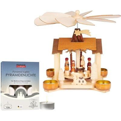 BRUBAKER Pyramide de Noël avec Lot de 12 Bougies Chauffe-Plat Carrousel Rotatif à Un Niveau avec Jésus, Marie, Joseph et l'Étoile de Bethléem 28 cm Crèche Peinte à la Main Naturel - Publicité BRUBAKER Pyramide de Noël avec Lot de 12 Bougies Chauffe-Plat Carrousel Rotatif à Un Niveau avec Jésus, Marie, Joseph et l'Étoile de Bethléem 28 cm Crèche Peinte à la Main Naturel - Publicité