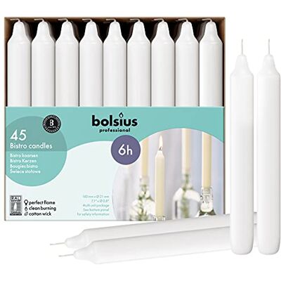 Bolsius – Bougies coniques – Boîte de 45 unités Blanc – 18 cm Durée de combustion : 6 heures Sans goutte - Publicité Bolsius – Bougies coniques – Boîte de 45 unités Blanc – 18 cm Durée de combustion : 6 heures Sans goutte - Publicité