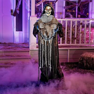 JOYIN Décoration animée de la Faucheuse d'halloween, 175 cm, avec chaîne, Squelette Grandeur Nature avec Yeux Lumineux, Son Effrayant (activé par Le Son). Publicité JOYIN Décoration animée de la Faucheuse d'halloween, 175 cm, avec chaîne, Squelette Grandeur Nature avec Yeux Lumineux, Son Effrayant (activé par Le Son). Publicité
