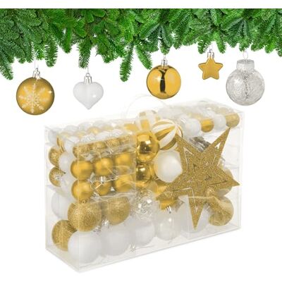 Relaxdays Boules de Noël, Lot de 101, en Plastique, décoration de Sapin, cœurs, étoiles et cimier, doré/Blanc - Publicité Relaxdays Boules de Noël, Lot de 101, en Plastique, décoration de Sapin, cœurs, étoiles et cimier, doré/Blanc - Publicité