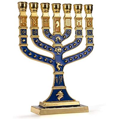 JL Kippha's Bougeoir décoratif Bleu et doré Menorah 7 Branches Hanoukkah Israël - Publicité JL Kippha's Bougeoir décoratif Bleu et doré Menorah 7 Branches Hanoukkah Israël - Publicité