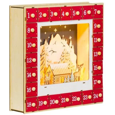 HOMCOM Calendrier de l'Avent LED, décorations de Noël en bois, 24 tiroirs à remplir, décoration lumineuse, villages, montagnes, forêts, rennes et étoiles, rouge - Publicité HOMCOM Calendrier de l'Avent LED, décorations de Noël en bois, 24 tiroirs à remplir, décoration lumineuse, villages, montagnes, forêts, rennes et étoiles, rouge - Publicité