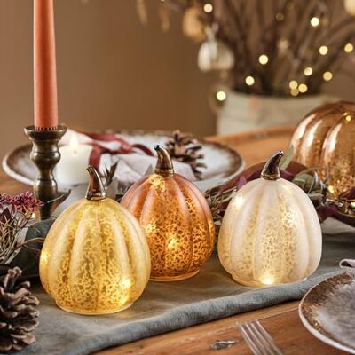 Lights4fun Lot de 3 Citrouilles Décoratives en Verre Moucheté LED à Piles avec Minuterie Décoration d'automne et d'halloween pour Intérieur - Publicité Lights4fun Lot de 3 Citrouilles Décoratives en Verre Moucheté LED à Piles avec Minuterie Décoration d'automne et d'halloween pour Intérieur - Publicité