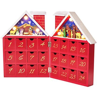 BRUBAKER Calendrier de l'Avent Lumineux 24 Tiroirs à remplir Maison avec Crèche de Noël Décoration de Noël en Bois Éclairage LED 21 x 9 x 30 cm Rouge - Publicité BRUBAKER Calendrier de l'Avent Lumineux 24 Tiroirs à remplir Maison avec Crèche de Noël Décoration de Noël en Bois Éclairage LED 21 x 9 x 30 cm Rouge - Publicité