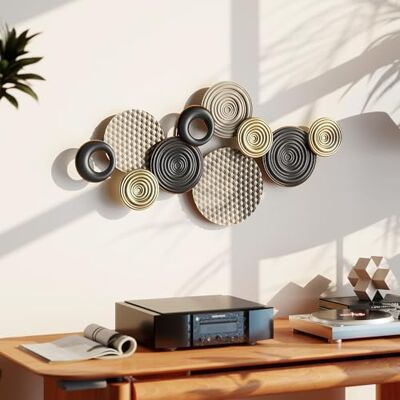 HOMCOM Décoration murale en métal moderne, sculpture murale en métal, design unique à plusieurs disques, suspendu décor pour salon, chambre à coucher, bureau, 100 x 50 cm, kaki et noir - Publicité HOMCOM Décoration murale en métal moderne, sculpture murale en métal, design unique à plusieurs disques, suspendu décor pour salon, chambre à coucher, bureau, 100 x 50 cm, kaki et noir - Publicité
