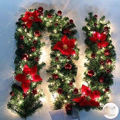 Queta Guirlande de Sapin Décoration Noël Guirlande avec Boules Couronne de Fleurs Boule avec LED lumière pour Porte Entrée 270cm (Rouge) - Publicité Queta Guirlande de Sapin Décoration Noël Guirlande avec Boules Couronne de Fleurs Boule avec LED lumière pour Porte Entrée 270cm (Rouge) - Publicité