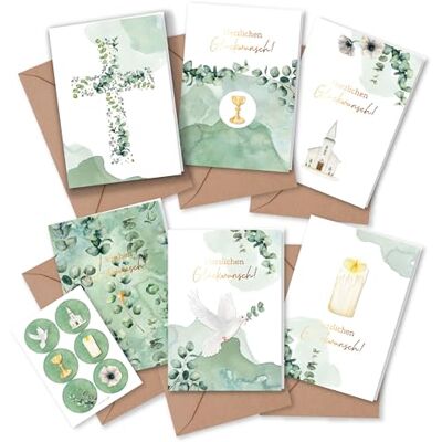 Papierdrachen 6 cartes de vœux pour fêtes chrétiennes comme baptême, communion, confirmation, confirmation motif eucalyptus cartes pliables avec enveloppe et autocollants assortis DIN A6 Set 1 - Publicité Papierdrachen 6 cartes de vœux pour fêtes chrétiennes comme baptême, communion, confirmation, confirmation motif eucalyptus cartes pliables avec enveloppe et autocollants assortis DIN A6 Set 1 - Publicité