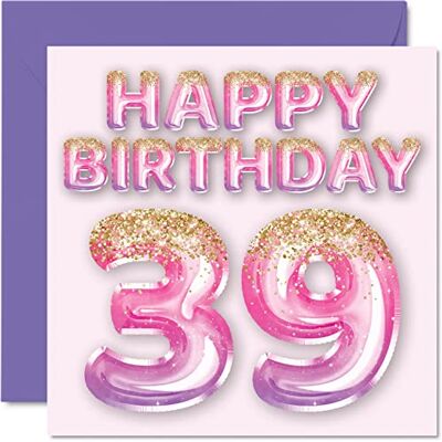 Stuff4 39th Birthday Card for Women Pink & Purple Glitter Balloons Happy Birthday Cards for 39 Year Old Woman Friend Sister Mum Auntie, 145mm x 145mm Thirty-Nine Thirty-Ninth Bday Greeting Cards Gift - Publicité Stuff4 39th Birthday Card for Women Pink & Purple Glitter Balloons Happy Birthday Cards for 39 Year Old Woman Friend Sister Mum Auntie, 145mm x 145mm Thirty-Nine Thirty-Ninth Bday Greeting Cards Gift - Publicité