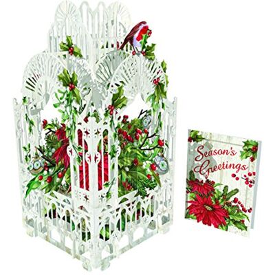 X3D004 Carte de vœux de Noël pop-up 3D Poinsettia et rouge-gorge dans une cage - Publicité X3D004 Carte de vœux de Noël pop-up 3D Poinsettia et rouge-gorge dans une cage - Publicité