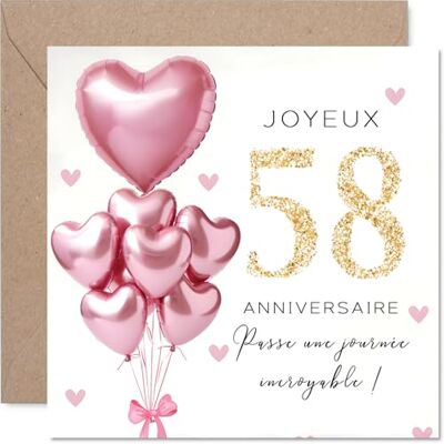 Stuff4 Douce Carte d'Anniversaire 58 Ans, Ambiance Festive et Joyeuse Ballons en Forme de Cœur Dorés et Roses, 145 mm Carré, Enveloppe Incluse - Publicité Stuff4 Douce Carte d'Anniversaire 58 Ans, Ambiance Festive et Joyeuse Ballons en Forme de Cœur Dorés et Roses, 145 mm Carré, Enveloppe Incluse - Publicité