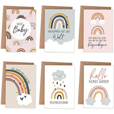 Papierdrachen Cartes de vœux de naissance 6 cartes de vœux ludiques pliantes avec enveloppe pour la naissance de bébé Design élégant Motif arc-en-ciel - Publicité Papierdrachen Cartes de vœux de naissance 6 cartes de vœux ludiques pliantes avec enveloppe pour la naissance de bébé Design élégant Motif arc-en-ciel - Publicité