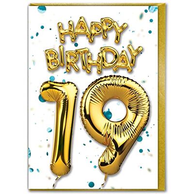Candy Carte d'anniversaire 19 ans – 19 ans – Carte ballon en feuille d'or – Blanc Bleu – Pour fils, fille, anniversaire de famille – Ami – Dix-neuvième anniversaire - Publicité Candy Carte d'anniversaire 19 ans – 19 ans – Carte ballon en feuille d'or – Blanc Bleu – Pour fils, fille, anniversaire de famille – Ami – Dix-neuvième anniversaire - Publicité