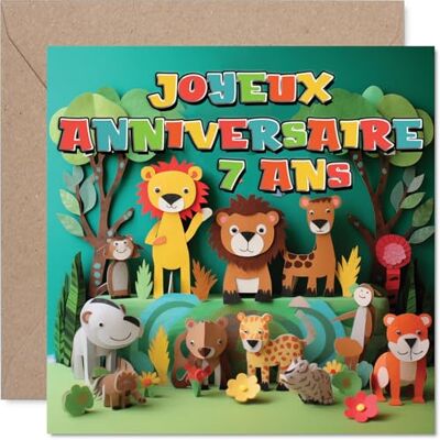 Stuff4 Ludique Carte d'Anniversaire 7 Ans, Ambiance Joyeuse Garantie Animaux de la Jungle Colorés en Fête, 145 mm Carré, Enveloppe Incluse - Publicité Stuff4 Ludique Carte d'Anniversaire 7 Ans, Ambiance Joyeuse Garantie Animaux de la Jungle Colorés en Fête, 145 mm Carré, Enveloppe Incluse - Publicité