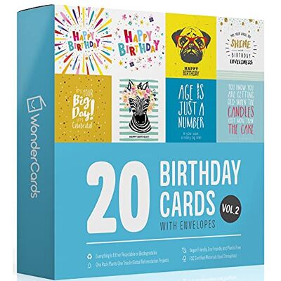Wonder Cards Multipack de 20 Cartes d’Anniversaire + Enveloppes Sans Plastique Écoresponsable Cartes de Vœux pour vos Amis Emballé au Royaume-Uni - Publicité Wonder Cards Multipack de 20 Cartes d’Anniversaire + Enveloppes Sans Plastique Écoresponsable Cartes de Vœux pour vos Amis Emballé au Royaume-Uni - Publicité