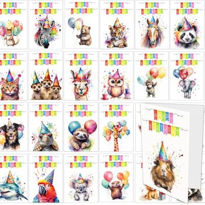 Panda Lot de 30 cartes d'anniversaire animalières dessinées dans des aquarelles vives avec enveloppes blanches – 30 motifs différents - Publicité Panda Lot de 30 cartes d'anniversaire animalières dessinées dans des aquarelles vives avec enveloppes blanches – 30 motifs différents - Publicité