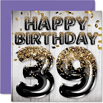 Stuff4 Carte d'anniversaire 39 ans pour homme, Ballons à paillettes noirs et dorés - Publicité Stuff4 Carte d'anniversaire 39 ans pour homme, Ballons à paillettes noirs et dorés - Publicité