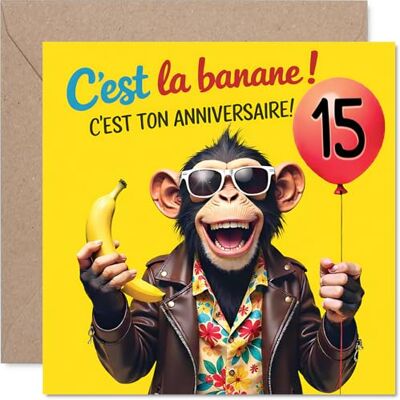 Stuff4 Ludique Carte d'Anniversaire 15 Ans, Enveloppe Incluse Ambiance Festive et Humour Décalé, Singe Souriant Tenant une Banane et un Ballon, 145 mm Carré - Publicité Stuff4 Ludique Carte d'Anniversaire 15 Ans, Enveloppe Incluse Ambiance Festive et Humour Décalé, Singe Souriant Tenant une Banane et un Ballon, 145 mm Carré - Publicité