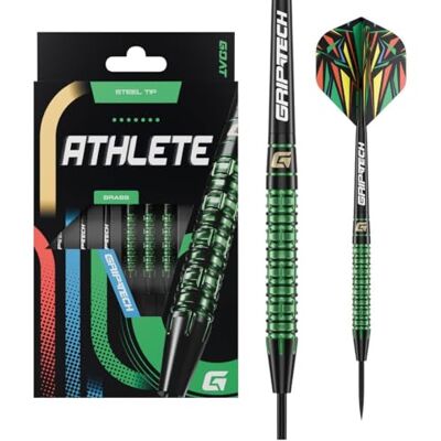 GOAT Athlete Brass Jeu de Fléchettes Pointe Acier, 10G/11G/12G/13G, avec 3 Barrels, 3 Ailettes et 3 Tiges - Publicité GOAT Athlete Brass Jeu de Fléchettes Pointe Acier, 10G/11G/12G/13G, avec 3 Barrels, 3 Ailettes et 3 Tiges - Publicité