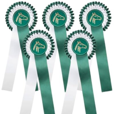 PFIFF 102591 Lot de 5 nœuds de tournoi verts, rosace double, nœuds de prix en vert avec motif tête de cheval - Publicité PFIFF 102591 Lot de 5 nœuds de tournoi verts, rosace double, nœuds de prix en vert avec motif tête de cheval - Publicité