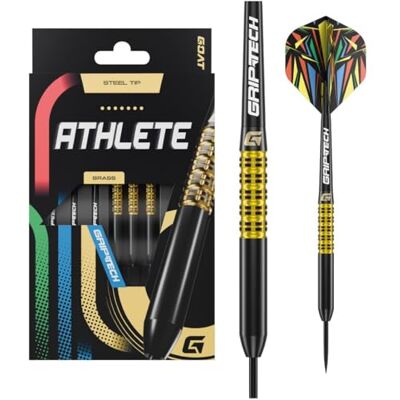 GOAT Athlete Brass Jeu de Fléchettes Pointe Acier, 10G/11G/12G/13G, avec 3 Barrels, 3 Ailettes et 3 Tiges - Publicité GOAT Athlete Brass Jeu de Fléchettes Pointe Acier, 10G/11G/12G/13G, avec 3 Barrels, 3 Ailettes et 3 Tiges - Publicité
