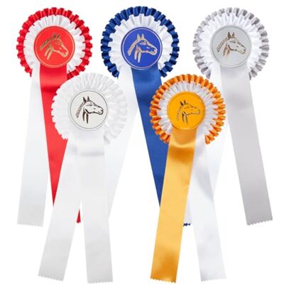 PFIFF 102590 Lot de 5 nœuds de tournoi multicolores, rosace double, nœuds de prix multicolores avec motif tête de cheval - Publicité PFIFF 102590 Lot de 5 nœuds de tournoi multicolores, rosace double, nœuds de prix multicolores avec motif tête de cheval - Publicité