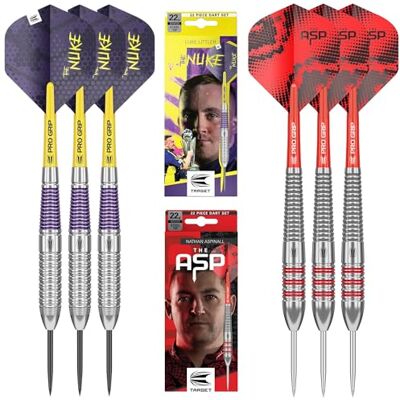 Target Darts Luke “The Nuke” Littler Contre Nathan “The Asp” Aspinall Player Édition Jumeaux Fléchette Set 22G Pointe en Acier Brass Fléchettes Set, Vols, Arbres et Boîtier Inclus - Publicité Target Darts Luke “The Nuke” Littler Contre Nathan “The Asp” Aspinall Player Édition Jumeaux Fléchette Set 22G Pointe en Acier Brass Fléchettes Set, Vols, Arbres et Boîtier Inclus - Publicité