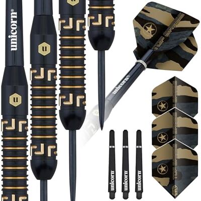 Unicorn Darts Set Top Brass Intricately Machined 100% Brass Barrels with Black & Golden Accents & Laser Etched U Logo Steel Tip 19 g, 20 g Or 21 g - Publicité Unicorn Darts Set Top Brass Intricately Machined 100% Brass Barrels with Black & Golden Accents & Laser Etched U Logo Steel Tip 19 g, 20 g Or 21 g - Publicité
